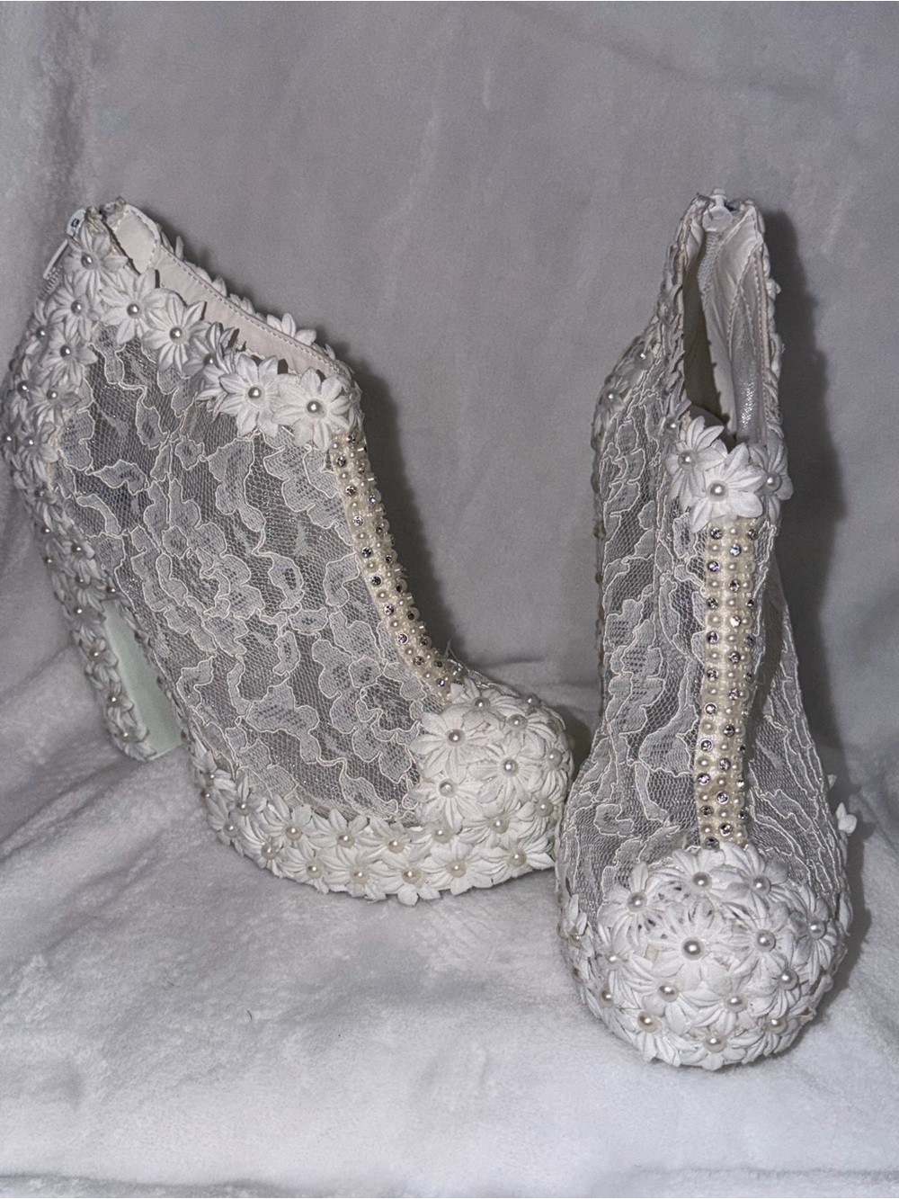 White Lace Floral Pearl Accent Women's Heeled Booties
